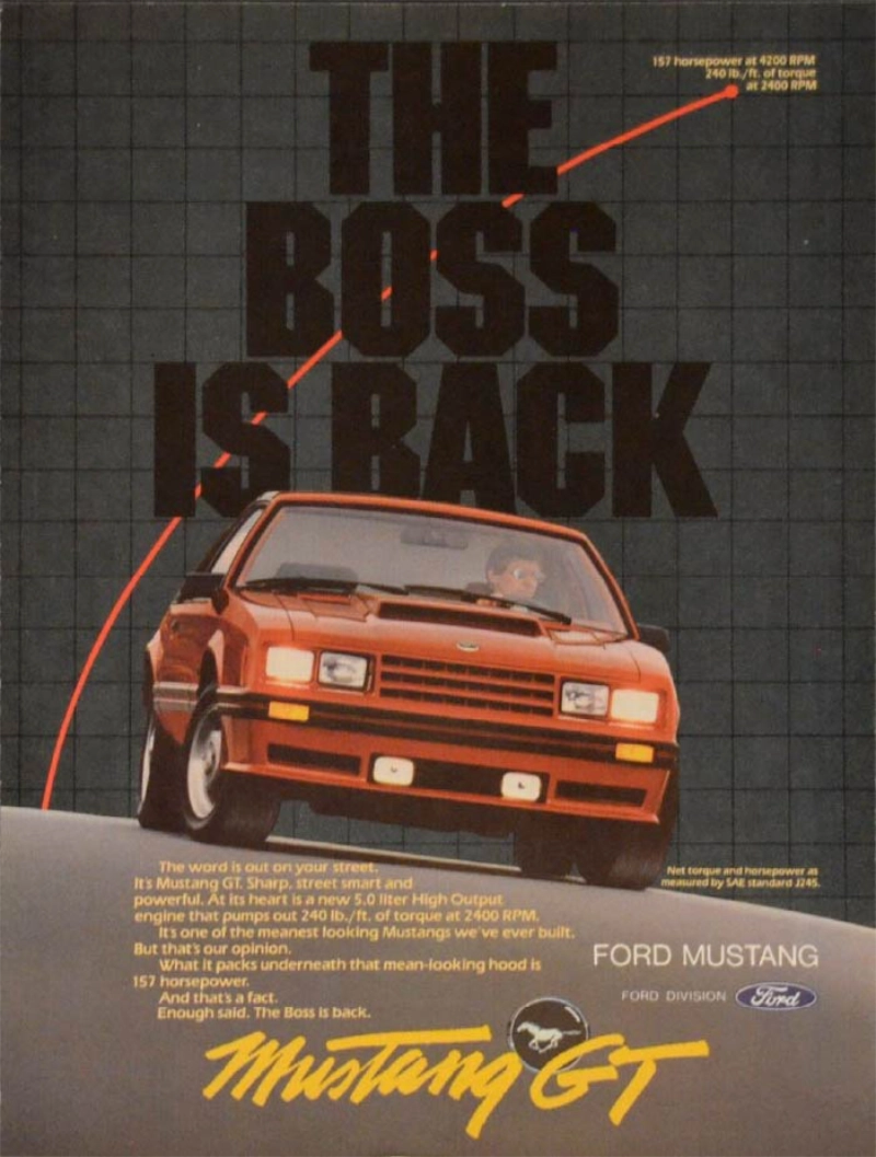 1980 Ford Mustang vintage auto ad; The boss is back